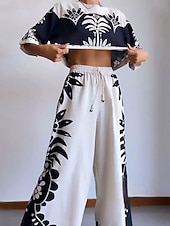 cheap Women's Blouse Suits-Women's Blouse Wide Leg Pants 3/4 Length Sleeve Crew Neck Floral Drawstring Fashion Streetwear Daily Casual Daily White Spring &amp;  Fall Regular Fit