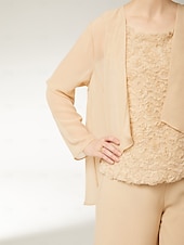 baratos Terninhos de calça da mamãe-Macacões 3 Peças Mãe da Noiva Elegante Plus Size Inclui Envoltório Gola Bateau Corte Longo Chiffon Sem Mangas com Renda 2025