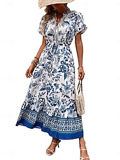 billiga Bohemklänningar-Dam Vanligt Maxiklänning Boho Chic klänningar Boho-klänning bohemliv Semester Strand Normal Grafisk Kortärmad V-hals Blå Sommar