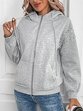 baratos Moletons e Sweatshirts Texturizados-Mulheres Moletom com zíper Tecido Moderno Confortável Manga Longa Com Capuz Tops regulares Casual Patchwork Zíper Bolsos Cinzento Primavera Outono Inverno
