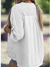 preiswerte Hemden-Damen Leinen-inspirierte Hemden Oberteil mit Ösen Weiße Baumwollbluse Elegante Oberteile Elegant Stilvoll Modern Langarm V Ausschnitt Normale Oberteile Arbeit Täglich Ferien Patchwork Ausgehöhlt Weiß