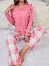 billiga Sovkläder till damer-Dam Pyjamas set Ledigt Komfort Comfrt Tecknat Rutnät / Pläd T-shirt Byxa Hem Långärmad Rund hals Svart Rodnande Rosa Vår Höst Vinter
