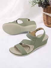 クッションソール付きレディースグリーン伸縮性ストラップウェッジサンダル - カジュアルウェアや旅行に最適な快適な夏用シューズ お買い得  快適なサンダル-クッションソール付きレディースグリーン伸縮性ストラップウェッジサンダル - カジュアルウェアや旅行に最適な快適な夏用シューズ