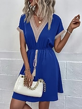 voordelige Bloemenjurken-Dames Mini-jurk Casual jurk A lijn jurk Stijlvol Basic Casual Vakantie Dagelijks Normale pasvorm Effen Korte mouw V-hals Wijn blauw Zomer Lente