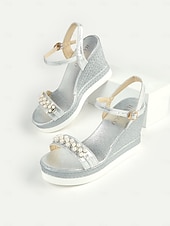 preiswerte Lässige Sandalen-Silberne Damen-Keilsandaletten mit Perlenverzierung und Fesselriemchen, elegante Plateauschuhe für Hochzeiten, Partys und besondere Anlässe