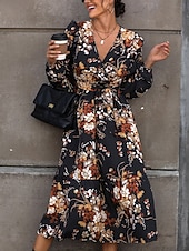 economico Abiti eleganti floreali-Per donna Vestito longuette Abito casual Vestito svasato Abito linea A Moda Informale Da mare Giornaliero Standard Floreale Manica lunga A V Nero Primavera Autunno