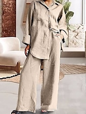 ieftine Seturi-Pentru femei Zilnic Cămașă Seturi inspirate de in Seturi din două piese Pantaloni cu picioare largi Pantaloni Manșon Lung Guler Cămașă Culoare solidă Peteci În aer liber Mov Kaki Bej Primăvară