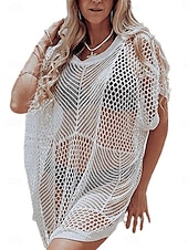 preiswerte Strandkleider-Damen Normal Sommerkleid Tropisch Hawaiianisch Glatt Midikleid Kurzarm Rundhalsausschnitt Patchwork Öse Regular Fit Strand Weiß Sommer