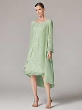 cheap With Jacket-Two Piece A-Line Dress Beach Wedding Suit Mother of the Bride Dress Elegant Plus Size Jewel Neck Tea Length Chiffon Lace Short Sleeve Jacket Dresses with Solid Color