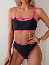 billiga Bikiniset-Dam Badkläder Bikini 2 st Kalsonger Baddräkt Öppen rygg Smal Hög midja Semester Standkläder Ensfärgat U-hals Ärmlös Baddräkter