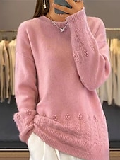 cheap Solid Colors-Women&#039;s Sweater Casual Soft Pure Color Ribbed Crew Neck Knitted Long Sleeve Regular Tops Knit Outdoor Daily Weekend Pink Blue Fall Winter
