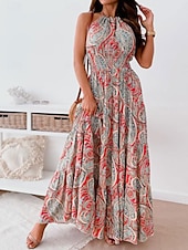 levne Boho šaty-Dámské Maxi šaty Volnočasové šaty Boho Chic šaty Boho šaty Čechy Roztomilý stylové Dovolená Denní Plážové Volný Grafika Bez rukávů Krk ohlávky Rubínově červená Vodní modrá Léto Jaro Podzim