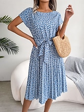 cheap Casual Floral Dresses-Women&#039;s Midi Dress Casual Dress A Line Dress Stylish Casual Vacation Daily Regular Fit Floral Short Sleeve Crew Neck Pink Light Blue Summer Spring