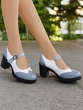 olcso Block Heels-női kék-fehér mary jane vaskos sarkú cipő brogue részletekkel, vintage stílusú kényelmes pumpák irodába, bulikba és mindennapi viseletre
