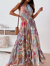 levne Boho šaty-Dámské Maxi šaty Volnočasové šaty Boho Chic šaty Boho šaty Čechy Roztomilý stylové Dovolená Denní Plážové Volný Grafika Bez rukávů Krk ohlávky Rubínově červená Vodní modrá Léto Jaro Podzim
