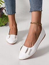 cheap Women&#039;s Flats-Women&#039;s Brown Faux Leather Pointed-Toe Flats with Bow and Rhinestone Detailing - Casual and Office Wear Shoes