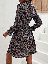 cheap Casual Floral Dresses-Women&#039;s Normal Midi Dress Chiffon Dress Elegant Vacation Date Regular Fit Floral Graphic Long Sleeve Stand Collar Navy Blue Spring Fall