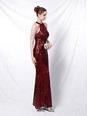 abordables ROUGE-Robe de soirée en sirène  trompette élégante Robe formelle mariage longueur de sol sans manches col halter sequins avec paillettes frange 2025