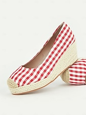 cheap Platform Heels-Women&#039;s Red Gingham Espadrille Wedge Heels with Crochet Toe Cap, Vintage Style Summer Shoes for Casual and Vacation Wear