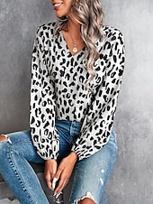 billige Kvinnenes arbeids topper-Dame Skjorte Bluse Leopard Fritid Langermet V-hals Vanlige topper Daglig Trykt mønster Svart Hvit Grønn Høst Vinter