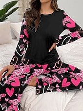 billiga Sovkläder till damer-Dam Pyjamas set Ledigt Komfort Comfrt Hjärta T-shirt Byxa Hem Alla hjärtans dag Dagligen Långärmad Rund hals Rodnande Rosa Vår Höst Vinter
