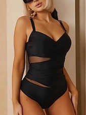 billiga One-piece-baddräkter-Dam Badkläder En bit Monokini Baddräkt Nät Öppen rygg Magkontroll Hög midja Smal Semester Standkläder Ensfärgat V-hals Ärmlös Baddräkter