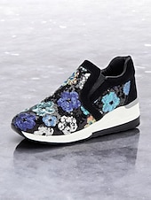 levne Dámské tenisky-dámské květinové flitrové slip-on tenisky - pohodlné třpytivé ležérní boty s klínovou podrážkou, ideální na procházky nebo párty
