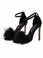 Women's Pink Suede Heels with Fluffy Straps and Pointed Toe | Perfect for Wedding, Parties and Night Out cheap Semi-Formal-Women's Pink Suede Heels with Fluffy Straps and Pointed Toe | Perfect for Wedding, Parties and Night Out