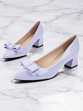 levne Block Heels-dámské elegantní levandulové lodičky z lakované umělé kůže – špicovité podpatky s mašličkovým designem, ideální do kanceláře, na večírky a formální příležitosti