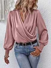 voordelige Elegante topjes-Dames Overhemd Blouse Effen Kleur Zakelijk Modern Casual Lange mouw V-hals Normale tops Werk Formele kleding Met ruches Zwart Blozend Roze Zomer Lente