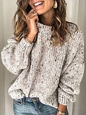billiga Texturerade Huvtröjor &amp; Sweatshirts-Dam Tröja Ledigt Mjukt Ren färg Ribbad Rund hals Stickat Långärmad Vanliga toppar Sticka Utomhus Dagligen Helgen Blå Ljusgrå Höst Vinter
