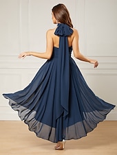 billiga Bröllopsgästklänningar-A-linjeformade bröllopsgästklänningar elegant klänning formell te-längd ärmlös en axel höst bröllopsgäst chiffong med rynkor
