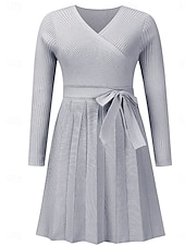 abordables Robes en tricot-Femme Robe mi-longue Robe Pull Robe Trapèze Elégant mode Décontractées Vacances du quotidien Standard Plein Sans Manches Col V Noir Gris Automne Hiver