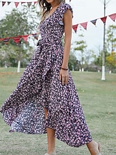 voordelige Casual bloemenjurken-Dames Maxi-jurk Casual jurk Boho chique jurken Bohemen leuke Style Stijlvol Flutter mouw Vakantie Dagelijks Strand Ruim Passend Grafisch Korte mouw V-hals Groen Donkerblauw Zomer Lente