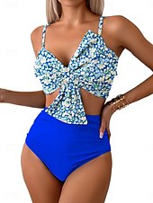 billiga Bikiniset-Dam Badkläder Bikini 2 st Kalsonger Baddräkt Öppen rygg Smal Hög midja Semester Standkläder Blommig V-hals Ärmlös Baddräkter