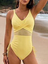 billiga One-piece-baddräkter-Dam Badkläder En bit Monokini Baddräkt Nät Öppen rygg Magkontroll Hög midja Smal Semester Standkläder Ensfärgat V-hals Ärmlös Baddräkter
