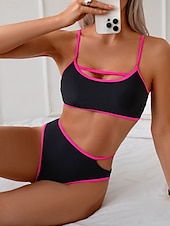 billiga Bikiniset-Dam Badkläder Bikini 2 st Kalsonger Baddräkt Öppen rygg Smal Hög midja Semester Standkläder Ensfärgat U-hals Ärmlös Baddräkter