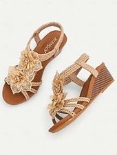 baratos Sandálias plataforma anabela-sandálias femininas estilo boêmio marrom com salto plataforma e detalhes florais - sandálias confortáveis de verão para praia e passeios casuais