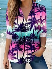 cheap Hawaiian Tops-Women&#039;s Shirt Hawaiian Casual Ombre Regular Tops Long Sleeve Shirt Collar Buttons Print Regular Fit Work Daily Purple Summer Holiday Clothes Beach Wear