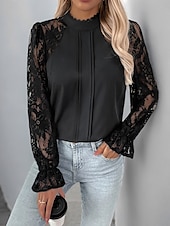 cheap Lace Tops-Women&#039;s Shirt Blouse Solid Color Basic Casual Long Sleeve Turtleneck Regular Tops Daily Lace Patchwork Black Summer Spring