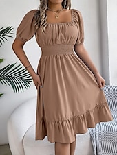 economico Abiti da campagna-Per donna Mini abito Abito casual Abito linea A Abito da lattaia Moda Essenziale Informale Da mare Giornaliero Standard Liscio Manica corta Squadrata Cachi Azzurro Estate Primavera
