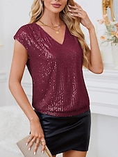 preiswerte Tank-Shirts &amp; kurze Jäckchen für Damen-Damen Spaghetti-Top einfarbig Basic lässig ärmellos V-Ausschnitt reguläre Tops täglichen Pailletten Schwarz Wein Sommer Frühling