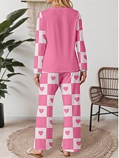 economico Pigiami da donna-Pigiama Set Da Donna Valentine&#039;s Giorno Casual Comfort Comfort Cuore Griglia  Plaid Maglietta Pantaloni Casa Valentine&#039;s Giorno Quotidiano Lungo Manica Collo A Giro Rosa Primavera Autunno Inverno