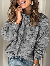 billiga Texturerade Huvtröjor &amp; Sweatshirts-Dam Tröja Ledigt Mjukt Ren färg Ribbad Rund hals Stickat Långärmad Vanliga toppar Sticka Utomhus Dagligen Helgen Blå Ljusgrå Höst Vinter