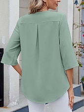 billige Kvinne Enkle Topper-Dame Skjorte Bluse Helfarge Grunnleggende Fritid 3/4 ermer V-hals Vanlige topper Daglig Drapering Lapper Himmelblå Fuksia Grønn Sommer Vår