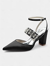 cheap Formal-Women&#039;s Black Satin Pointed Toe Heels – Rhinestone Embellished Ankle Strap Chunky Heels for Evening Parties and Weddings