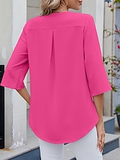 billige Kvinne Enkle Topper-Dame Skjorte Bluse Helfarge Grunnleggende Fritid 3/4 ermer V-hals Vanlige topper Daglig Drapering Lapper Himmelblå Fuksia Grønn Sommer Vår