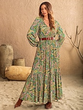 billige Boho-kjoler-Dame Maxikjole Uformell kjole Boho-kjole Fritid Lanterne Erme Hjem Arbeid Daglig Normal Grafisk Langermet V-hals Blå Grønn Regnbue Sommer Vår Høst Vinter