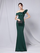 abordables VERT-Robe de soirée sirène  trompette robe élégante formelle mariage longueur de sol manches 3/4 une épaule crêpe extensible avec volants 2025