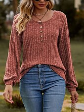 billige Kvinne Enkle Topper-Dame T skjorte عادي Mote Moderne Fritid Langermet Crew-hals Vanlige topper Daglig Helg Knapper Rosa Blå Kakifarget Sommer Vår